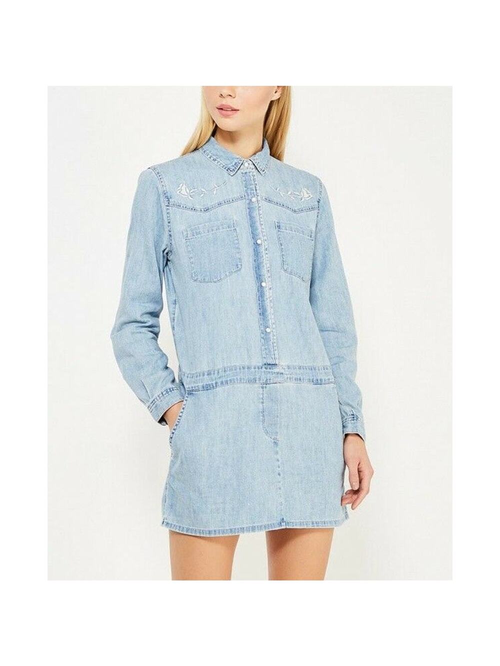 Juicy Couture Western Chambray Embroidered Denim Mini Shirt Dress Small
